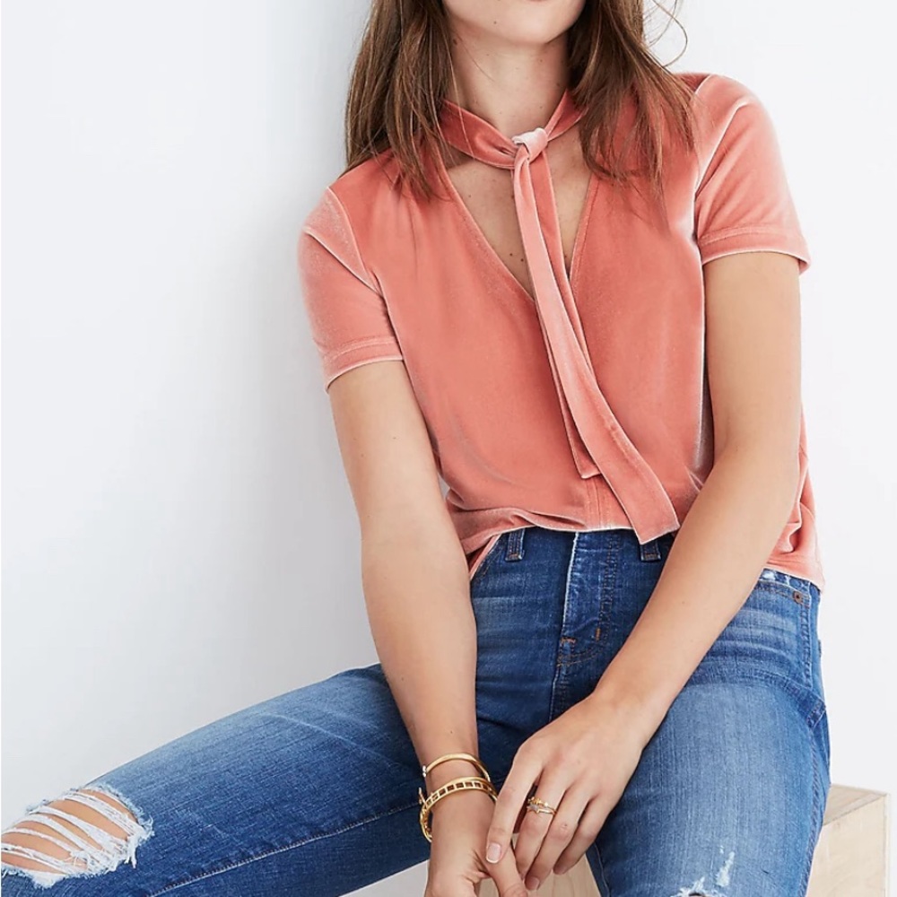 MADEWELL Peach Orange Short Sleeve V Neck Velvet Tie Neck Top Size Large
